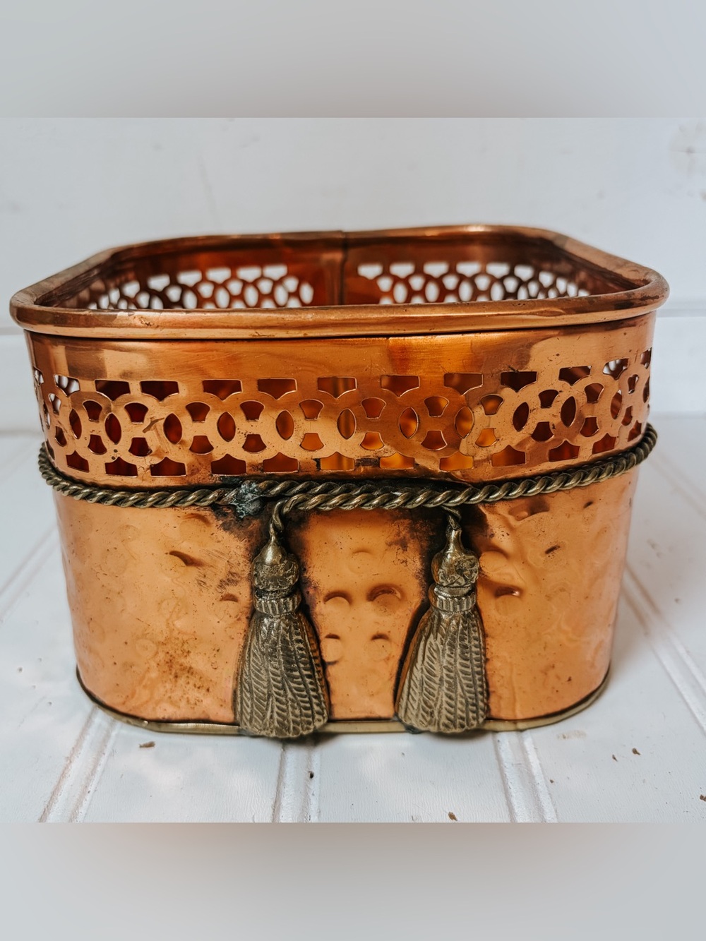 Vintage Copper + Brass Hammered Planter Pot with Tassels